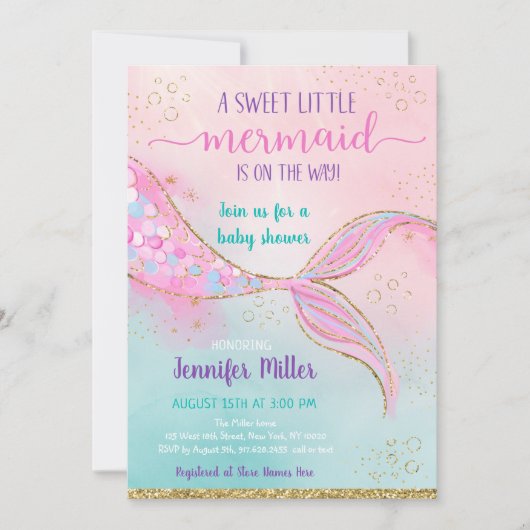 ピンクの金ゴールドマーメイドベビーシャワー 招待状 (正面)