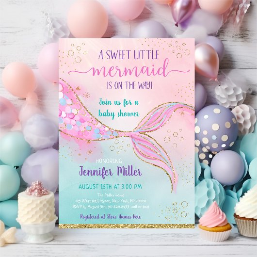 ピンクの金ゴールドマーメイドベビーシャワー 招待状