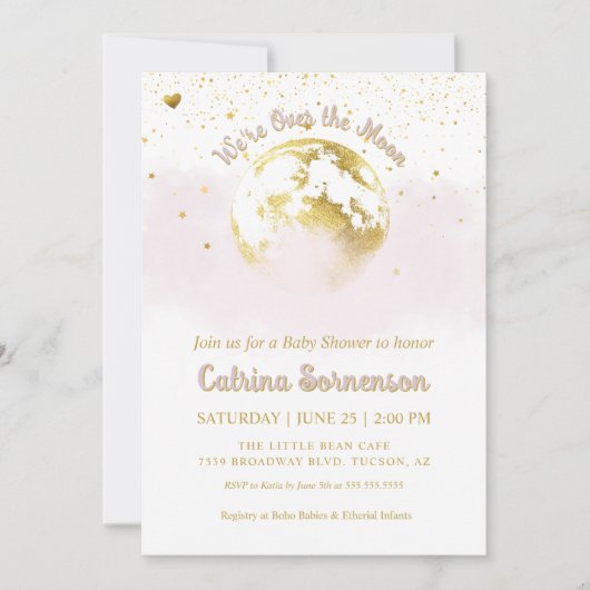 ピンクの金ゴールドムーンと星の天の赤ちゃんシャワー 招待状 (正面)