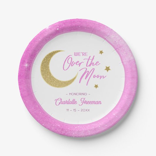 ピンクの金ゴールドムーン&スターズオーバーザムーンベビーシャワー ペーパープレート (正面)