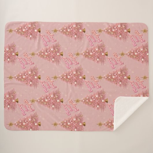 ピンクの金ゴールドメリーと明るいクリスマスツリー シェルパブランケット (正面(横))