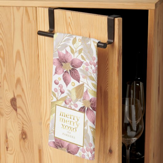 ピンクの金ゴールドメリークリスマスパターン#21 ID1009 キッチンタオル (三つ折り)