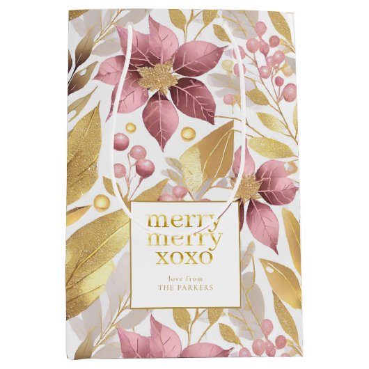 ピンクの金ゴールドメリークリスマスパターン#21 ID1009 ミディアムペーパーバッグ (正面)