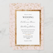 ピンクの金ゴールドモダンフローラ結婚の 招待状 (正面/裏面)