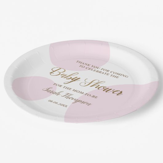 ピンクの金ゴールドモダン水玉模様のベビーシャワー ペーパープレート (アングル)