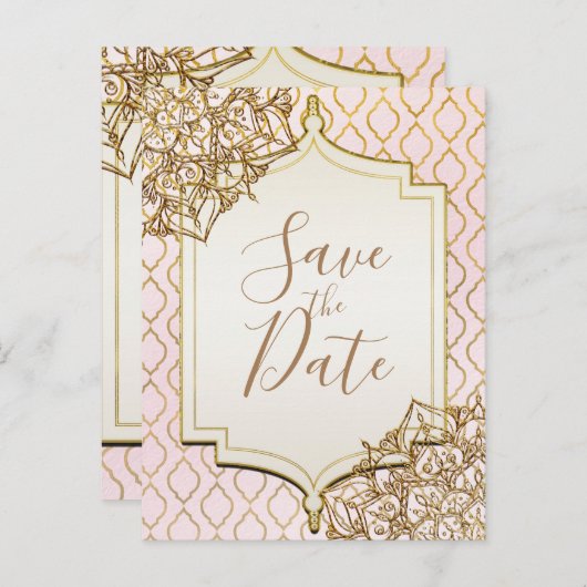 ピンクの金ゴールドモロッコアラビアの夜は日付を保存 案内ポストカード (正面/裏面)