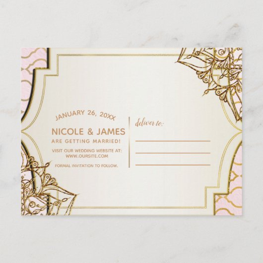 ピンクの金ゴールドモロッコアラビアの夜は日付を保存 案内ポストカード (裏面)