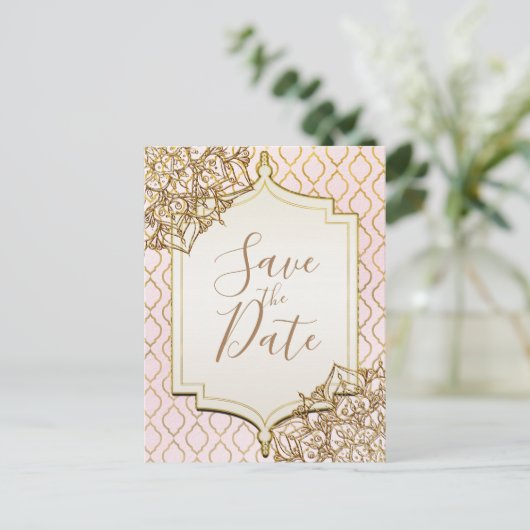 ピンクの金ゴールドモロッコアラビアの夜は日付を保存 案内ポストカード (スタンド正面)