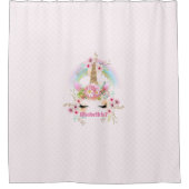 ピンクの金ゴールドユニコーン虹の花女の子ギフト名 シャワーカーテン (正面)