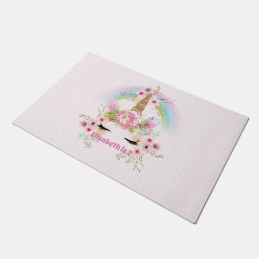 ピンクの金ゴールドユニコーン虹の花女の子ギフト名 ドアマット (アングル)