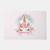 ピンクの金ゴールドユニコーン虹の花女の子ギフト名 ドアマット (正面)
