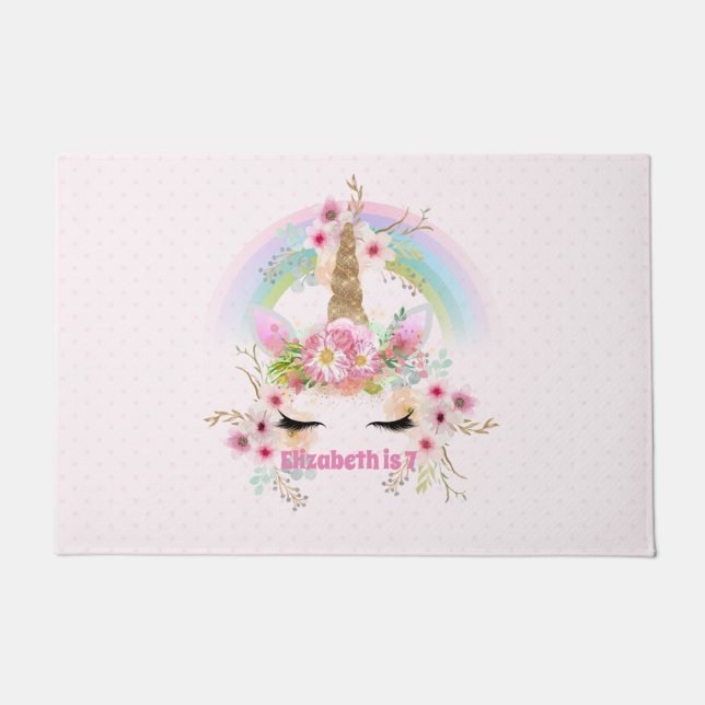 ピンクの金ゴールドユニコーン虹の花女の子ギフト名 ドアマット (正面)