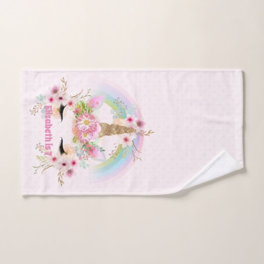 ピンクの金ゴールドユニコーン虹の花女の子ギフト名 バスタオルセット (ハンドタオル)
