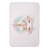 ピンクの金ゴールドユニコーン虹の花女の子ギフト名 バスマット (正面縦)