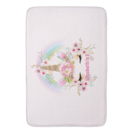 ピンクの金ゴールドユニコーン虹の花女の子ギフト名 バスマット (正面縦)