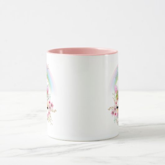 ピンクの金ゴールドユニコーン虹の花女の子ギフト名 マグカップ (中央)