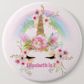 ピンクの金ゴールドユニコーン虹の花女の子ギフト名 缶バッジ (正面)