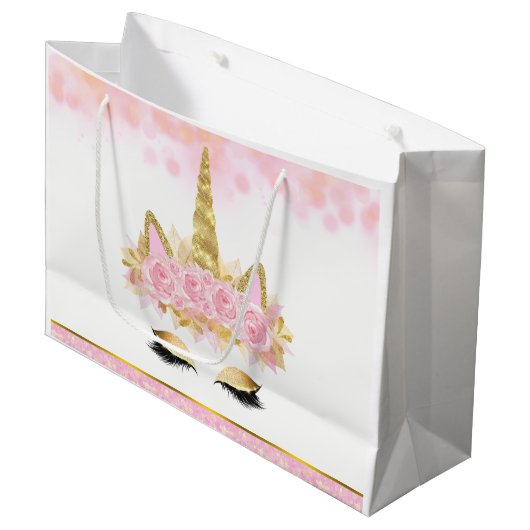 ピンクの金ゴールドユニコーン赤ちゃんシャワー ラージペーパーバッグ (正面アングル)