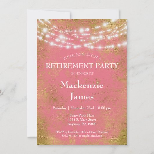 ピンクの金ゴールドライトリタイアメントパーティの招待状 招待状 (正面)