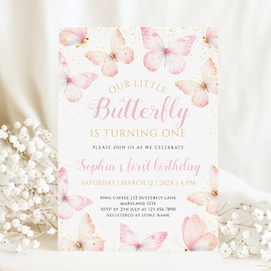 ピンクの金ゴールドリトルバタフライが1つの誕生日 招待状