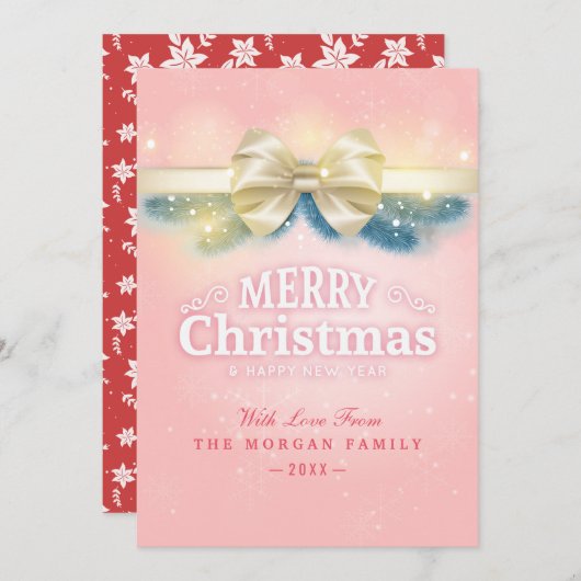 ピンクの金ゴールドリボンクリスマス新年の挨拶の写真 シーズンカード (正面/裏面)