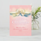 ピンクの金ゴールドリボンクリスマス新年の挨拶の写真 シーズンカード (スタンド正面)