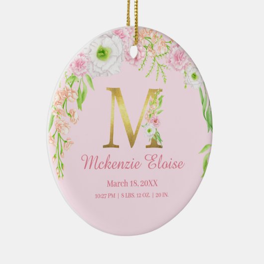 ピンクの金ゴールドレター"M"フローラモノグラム誕生統計 セラミックオーナメント (右)