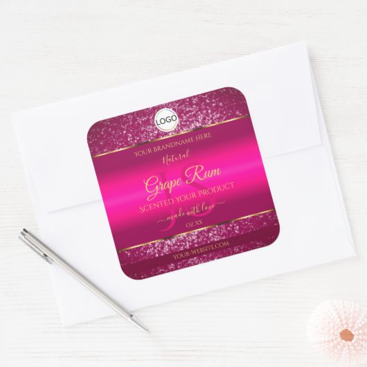 ピンクの金ゴールドロゴとイニシャルグリッター製品ラベル スクエアシール (封筒)