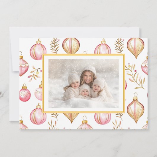 ピンクの金ゴールドヴィンテージオーナメント写真クリスマスカード シーズンカード (正面)