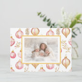 ピンクの金ゴールドヴィンテージオーナメント写真クリスマスカード シーズンカード (スタンド正面)