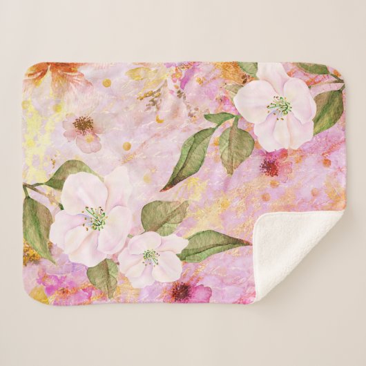 ピンクの金ゴールドヴィンテージフローラ水色スクリプトスタイリッシュ シェルパブランケット (正面(横))