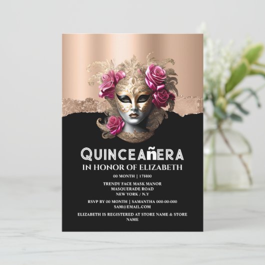 ピンクの金ゴールド仮装の誕生日の女の子キンセアニラ 招待状 (スタンド正面)