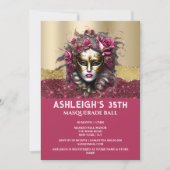 ピンクの金ゴールド仮装バラベネチアンマスクガールズグラム 招待状 (正面)