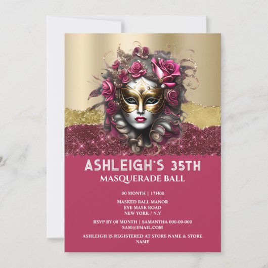 ピンクの金ゴールド仮装バラベネチアンマスクガールズグラム 招待状 (正面)