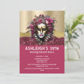 ピンクの金ゴールド仮装バラベネチアンマスクガールズグラム 招待状 (スタンド正面)