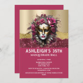 ピンクの金ゴールド仮装バラベネチアンマスクガールズグラム 招待状 (正面/裏面)