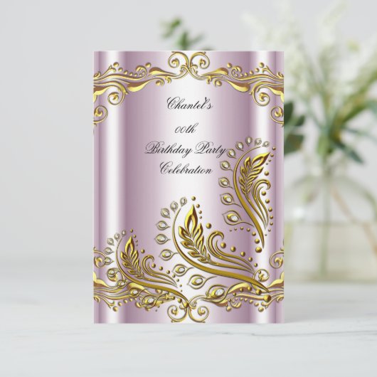 ピンクの金ゴールド任意の年齢エレガントな誕生日パーティーフローラ 招待状 (スタンド正面)