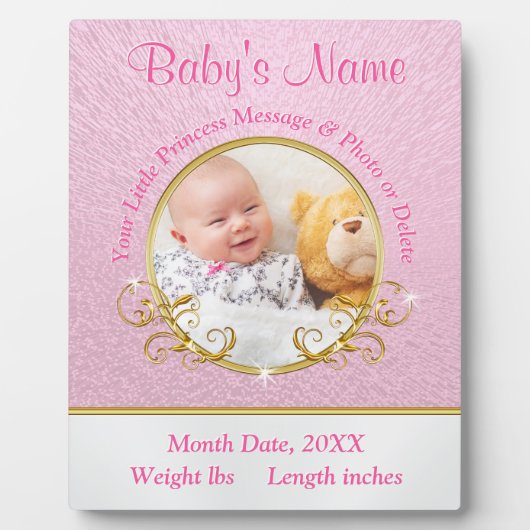 ピンクの金ゴールド写真とベビー誕生情報プレート フォトプラーク (正面)
