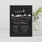 ピンクの金ゴールド冬のベビーその冷たい外の赤ちゃんシャワー 招待状 (スタンド正面)