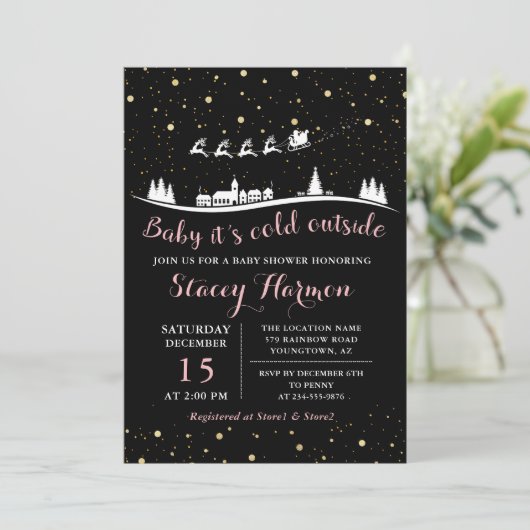 ピンクの金ゴールド冬のベビーその冷たい外の赤ちゃんシャワー 招待状 (スタンド正面)