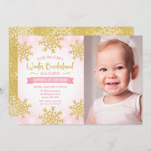 ピンクの金ゴールド冬ワンダーランドの最初の誕生日フォト 招待状 (正面/裏面)