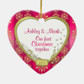 ピンクの金ゴールド初めてのクリスマスを一緒に写真クリスマス セラミックオーナメント (裏面)
