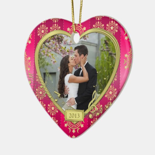 ピンクの金ゴールド初めてのクリスマスを一緒に写真クリスマス セラミックオーナメント (左)