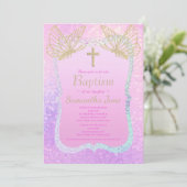ピンクの金ゴールド十字蝶の宗教バプテスマ 招待状 (スタンド正面)