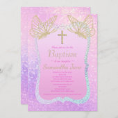 ピンクの金ゴールド十字蝶の宗教バプテスマ 招待状 (正面/裏面)