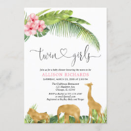 ピンクの金ゴールド双子のサファリジャングルのベビーシャワー 招待状