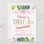 ピンクの金ゴールド女の子の恐竜3つレックス誕生日 招待状 (正面)