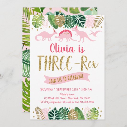 ピンクの金ゴールド女の子の恐竜3つレックス誕生日 招待状 (正面/裏面)