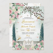 ピンクの金ゴールド妖精エンチャントガーデンキンセアニェラ 招待状 (正面/裏面)