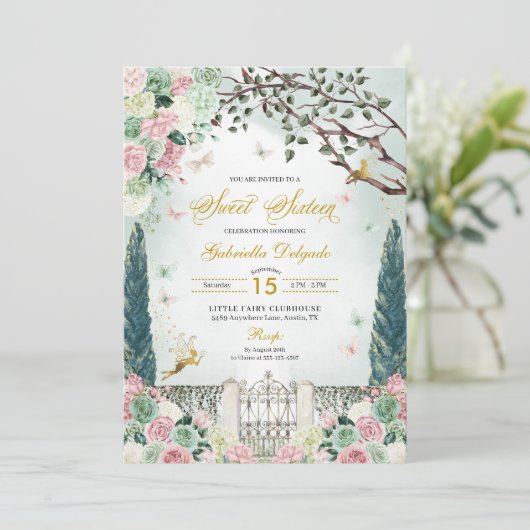ピンクの金ゴールド妖精エンチャントガーデンスウィート16 招待状 (スタンド正面)
